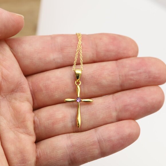 Silver Cross Natural Purple Amethyst Cross Pendant plated with 14k gold - Picture 4 of 10